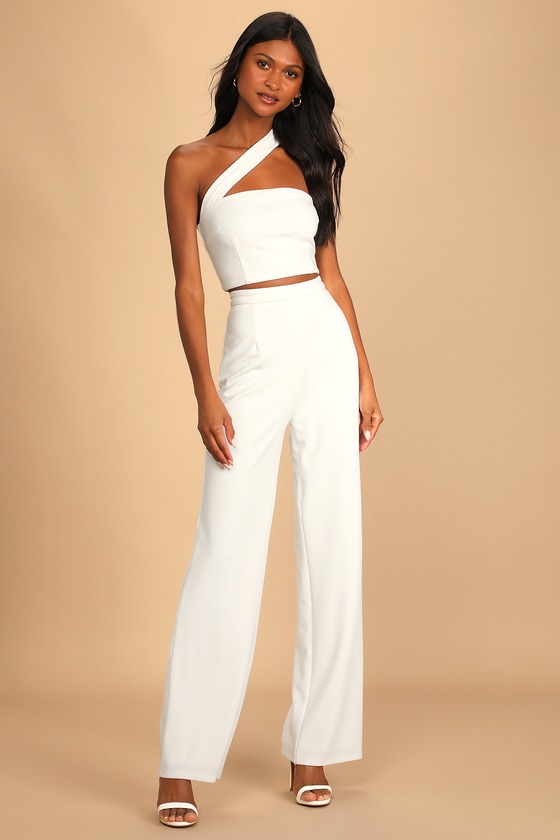 White Two-Piece Jumpsuit - One-Shoulder ...